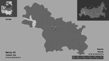 Mariy-El 'in sureti, Rusya Cumhuriyeti ve başkenti. Uzaklık ölçeği, ön gösterimler ve etiketler. Çift seviyeli yükseklik haritası. 3B görüntüleme