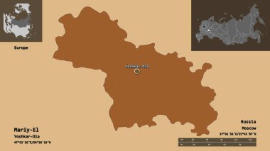 Mariy-El 'in sureti, Rusya Cumhuriyeti ve başkenti. Uzaklık ölçeği, ön gösterimler ve etiketler. Düzenli desenli dokuların bileşimi. 3B görüntüleme