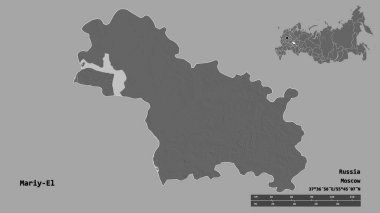 Rusya Cumhuriyeti 'nin başkenti Mariy-El' in sureti sağlam bir zeminde izole edilmiştir. Uzaklık ölçeği, bölge önizlemesi ve etiketleri. Çift seviyeli yükseklik haritası. 3B görüntüleme