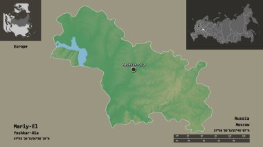 Mariy-El 'in sureti, Rusya Cumhuriyeti ve başkenti. Uzaklık ölçeği, ön gösterimler ve etiketler. Topografik yardım haritası. 3B görüntüleme