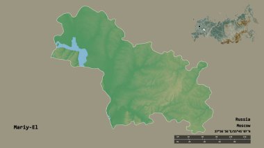 Rusya Cumhuriyeti 'nin başkenti Mariy-El' in sureti sağlam bir zeminde izole edilmiştir. Uzaklık ölçeği, bölge önizlemesi ve etiketleri. Topografik yardım haritası. 3B görüntüleme