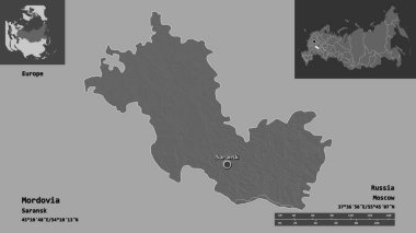Mordovia 'nın şekli, Rusya Cumhuriyeti ve başkenti. Uzaklık ölçeği, ön gösterimler ve etiketler. Çift seviyeli yükseklik haritası. 3B görüntüleme