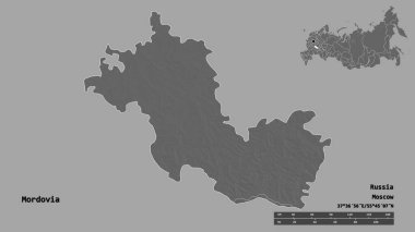 Mordovia 'nın şekli, Rusya Cumhuriyeti, sermayesi sağlam arka planda izole edilmiş. Uzaklık ölçeği, bölge önizlemesi ve etiketleri. Çift seviyeli yükseklik haritası. 3B görüntüleme