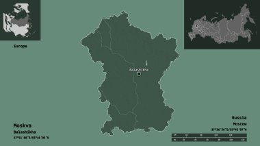 Moskva 'nın şekli, Rusya bölgesi ve başkenti. Uzaklık ölçeği, ön gösterimler ve etiketler. Renkli yükseklik haritası. 3B görüntüleme