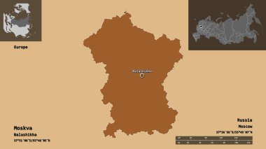 Moskva 'nın şekli, Rusya bölgesi ve başkenti. Uzaklık ölçeği, ön gösterimler ve etiketler. Düzenli desenli dokuların bileşimi. 3B görüntüleme