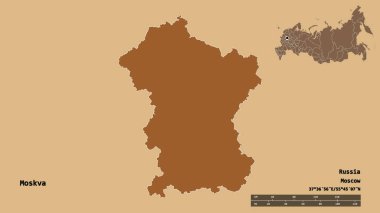 Rusya 'nın Moskva bölgesi, başkenti sağlam bir zemin üzerinde izole edilmiş. Uzaklık ölçeği, bölge önizlemesi ve etiketleri. Düzenli desenli dokuların bileşimi. 3B görüntüleme