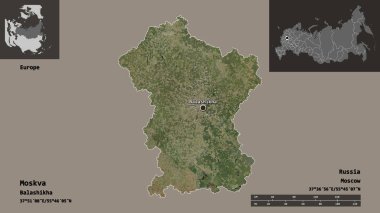 Moskva 'nın şekli, Rusya bölgesi ve başkenti. Uzaklık ölçeği, ön gösterimler ve etiketler. Uydu görüntüleri. 3B görüntüleme