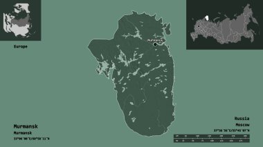 Murmansk 'ın şekli, Rusya bölgesi ve başkenti. Uzaklık ölçeği, ön gösterimler ve etiketler. Renkli yükseklik haritası. 3B görüntüleme