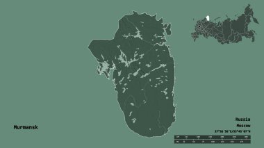 Murmansk 'ın şekli, Rusya bölgesi, başkenti sağlam bir zemin üzerinde izole edilmiş. Uzaklık ölçeği, bölge önizlemesi ve etiketleri. Renkli yükseklik haritası. 3B görüntüleme