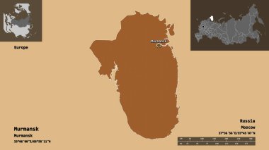 Murmansk 'ın şekli, Rusya bölgesi ve başkenti. Uzaklık ölçeği, ön gösterimler ve etiketler. Düzenli desenli dokuların bileşimi. 3B görüntüleme