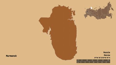 Murmansk 'ın şekli, Rusya bölgesi, başkenti sağlam bir zemin üzerinde izole edilmiş. Uzaklık ölçeği, bölge önizlemesi ve etiketleri. Düzenli desenli dokuların bileşimi. 3B görüntüleme