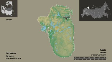 Murmansk 'ın şekli, Rusya bölgesi ve başkenti. Uzaklık ölçeği, ön gösterimler ve etiketler. Topografik yardım haritası. 3B görüntüleme