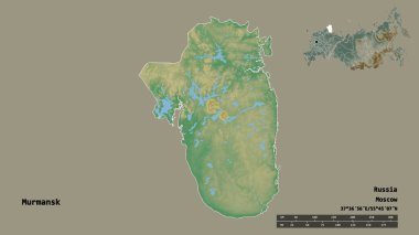 Murmansk 'ın şekli, Rusya bölgesi, başkenti sağlam bir zemin üzerinde izole edilmiş. Uzaklık ölçeği, bölge önizlemesi ve etiketleri. Topografik yardım haritası. 3B görüntüleme