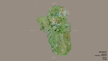 Murmansk bölgesi, Rusya bölgesi, jeoreferatlı bir sınır kutusunda sağlam bir arka planda izole edilmiş. Etiketler. Uydu görüntüleri. 3B görüntüleme