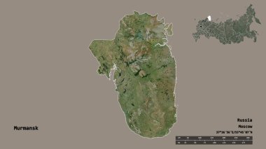 Murmansk 'ın şekli, Rusya bölgesi, başkenti sağlam bir zemin üzerinde izole edilmiş. Uzaklık ölçeği, bölge önizlemesi ve etiketleri. Uydu görüntüleri. 3B görüntüleme