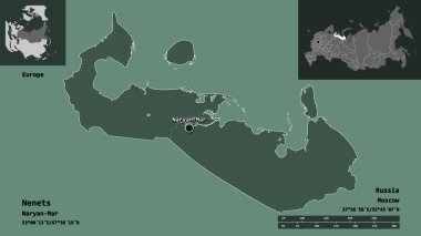 Rusya 'nın özerk bölgesi Nenets ve başkenti. Uzaklık ölçeği, ön gösterimler ve etiketler. Renkli yükseklik haritası. 3B görüntüleme