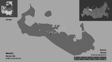 Rusya 'nın özerk bölgesi Nenets ve başkenti. Uzaklık ölçeği, ön gösterimler ve etiketler. Çift seviyeli yükseklik haritası. 3B görüntüleme