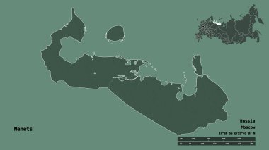 Rusya 'nın özerk eyaleti Nenets' in şekli, başkenti sağlam bir zemin üzerinde izole edilmiştir. Uzaklık ölçeği, bölge önizlemesi ve etiketleri. Renkli yükseklik haritası. 3B görüntüleme