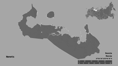 Rusya 'nın özerk eyaleti Nenets' in şekli, başkenti sağlam bir zemin üzerinde izole edilmiştir. Uzaklık ölçeği, bölge önizlemesi ve etiketleri. Çift seviyeli yükseklik haritası. 3B görüntüleme