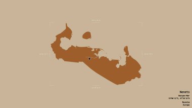 Rusya 'nın özerk bölgesi Nenets bölgesi, jeoreferatlı bir sınır kutusunda sağlam bir arka planda izole edilmiştir. Etiketler. Desenli dokuların bileşimi. 3B görüntüleme