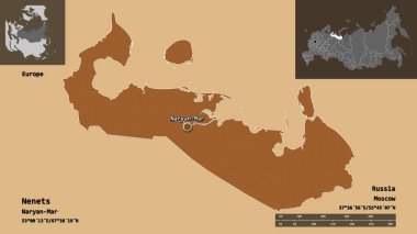 Rusya 'nın özerk bölgesi Nenets ve başkenti. Uzaklık ölçeği, ön gösterimler ve etiketler. Düzenli desenli dokuların bileşimi. 3B görüntüleme