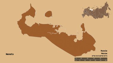 Rusya 'nın özerk eyaleti Nenets' in şekli, başkenti sağlam bir zemin üzerinde izole edilmiştir. Uzaklık ölçeği, bölge önizlemesi ve etiketleri. Düzenli desenli dokuların bileşimi. 3B görüntüleme