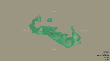 Rusya 'nın özerk bölgesi Nenets bölgesi, jeoreferatlı bir sınır kutusunda sağlam bir arka planda izole edilmiştir. Etiketler. Topografik yardım haritası. 3B görüntüleme