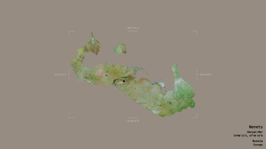 Rusya 'nın özerk bölgesi Nenets bölgesi, jeoreferatlı bir sınır kutusunda sağlam bir arka planda izole edilmiştir. Etiketler. Uydu görüntüleri. 3B görüntüleme