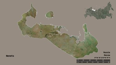 Rusya 'nın özerk eyaleti Nenets' in şekli, başkenti sağlam bir zemin üzerinde izole edilmiştir. Uzaklık ölçeği, bölge önizlemesi ve etiketleri. Uydu görüntüleri. 3B görüntüleme