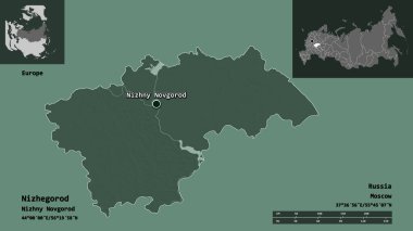 Nizhegorod 'un şekli, Rusya bölgesi ve başkenti. Uzaklık ölçeği, ön gösterimler ve etiketler. Renkli yükseklik haritası. 3B görüntüleme