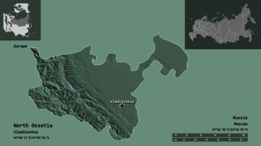 Kuzey Osetya 'nın şekli, Rusya Cumhuriyeti ve başkenti. Uzaklık ölçeği, ön gösterimler ve etiketler. Renkli yükseklik haritası. 3B görüntüleme