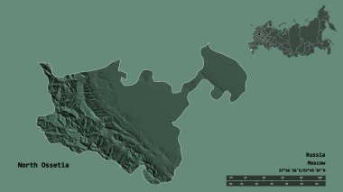 Kuzey Osetya 'nın şekli, Rusya Cumhuriyeti, başkenti sağlam bir zemin üzerinde izole edilmiş. Uzaklık ölçeği, bölge önizlemesi ve etiketleri. Renkli yükseklik haritası. 3B görüntüleme