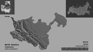 Kuzey Osetya 'nın şekli, Rusya Cumhuriyeti ve başkenti. Uzaklık ölçeği, ön gösterimler ve etiketler. Çift seviyeli yükseklik haritası. 3B görüntüleme