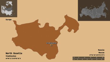 Kuzey Osetya 'nın şekli, Rusya Cumhuriyeti ve başkenti. Uzaklık ölçeği, ön gösterimler ve etiketler. Düzenli desenli dokuların bileşimi. 3B görüntüleme