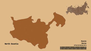 Kuzey Osetya 'nın şekli, Rusya Cumhuriyeti, başkenti sağlam bir zemin üzerinde izole edilmiş. Uzaklık ölçeği, bölge önizlemesi ve etiketleri. Düzenli desenli dokuların bileşimi. 3B görüntüleme