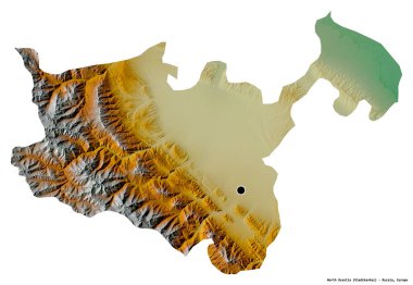 Kuzey Osetya 'nın şekli, Rusya Cumhuriyeti, başkenti beyaz arka planda izole edilmiş. Topografik yardım haritası. 3B görüntüleme