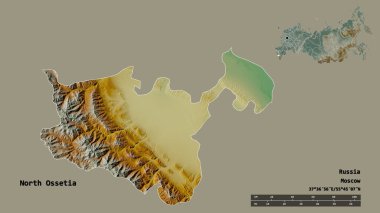 Kuzey Osetya 'nın şekli, Rusya Cumhuriyeti, başkenti sağlam bir zemin üzerinde izole edilmiş. Uzaklık ölçeği, bölge önizlemesi ve etiketleri. Topografik yardım haritası. 3B görüntüleme