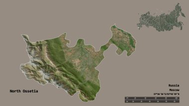 Kuzey Osetya 'nın şekli, Rusya Cumhuriyeti, başkenti sağlam bir zemin üzerinde izole edilmiş. Uzaklık ölçeği, bölge önizlemesi ve etiketleri. Uydu görüntüleri. 3B görüntüleme