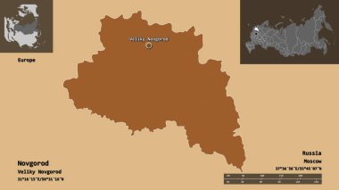 Novgorod 'un şekli, Rusya bölgesi ve başkenti. Uzaklık ölçeği, ön gösterimler ve etiketler. Düzenli desenli dokuların bileşimi. 3B görüntüleme