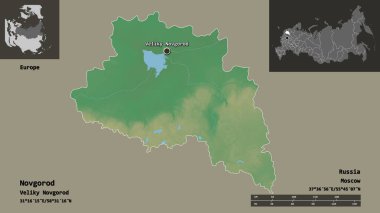 Novgorod 'un şekli, Rusya bölgesi ve başkenti. Uzaklık ölçeği, ön gösterimler ve etiketler. Topografik yardım haritası. 3B görüntüleme