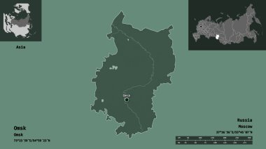 Omsk 'un şekli, Rusya bölgesi ve başkenti. Uzaklık ölçeği, ön gösterimler ve etiketler. Renkli yükseklik haritası. 3B görüntüleme