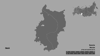Omsk 'un şekli, Rusya bölgesi, başkenti sağlam bir zemin üzerinde izole edilmiş. Uzaklık ölçeği, bölge önizlemesi ve etiketleri. Çift seviyeli yükseklik haritası. 3B görüntüleme