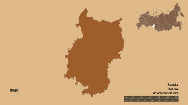 Omsk 'un şekli, Rusya bölgesi, başkenti sağlam bir zemin üzerinde izole edilmiş. Uzaklık ölçeği, bölge önizlemesi ve etiketleri. Düzenli desenli dokuların bileşimi. 3B görüntüleme