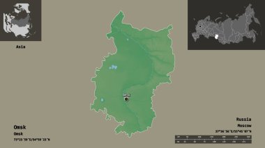 Omsk 'un şekli, Rusya bölgesi ve başkenti. Uzaklık ölçeği, ön gösterimler ve etiketler. Topografik yardım haritası. 3B görüntüleme