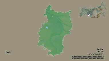 Omsk 'un şekli, Rusya bölgesi, başkenti sağlam bir zemin üzerinde izole edilmiş. Uzaklık ölçeği, bölge önizlemesi ve etiketleri. Topografik yardım haritası. 3B görüntüleme