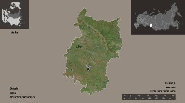 Omsk 'un şekli, Rusya bölgesi ve başkenti. Uzaklık ölçeği, ön gösterimler ve etiketler. Uydu görüntüleri. 3B görüntüleme