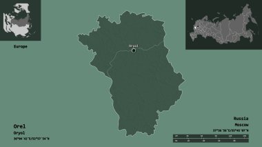 Orel 'in şekli, Rusya bölgesi ve başkenti. Uzaklık ölçeği, ön gösterimler ve etiketler. Renkli yükseklik haritası. 3B görüntüleme