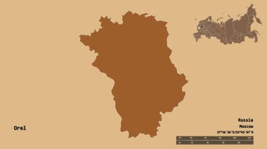 Rusya 'nın Orel bölgesi, başkenti sağlam bir zemin üzerinde izole edilmiş. Uzaklık ölçeği, bölge önizlemesi ve etiketleri. Düzenli desenli dokuların bileşimi. 3B görüntüleme