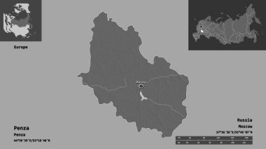 Penza 'nın şekli, Rusya bölgesi ve başkenti. Uzaklık ölçeği, ön gösterimler ve etiketler. Çift seviyeli yükseklik haritası. 3B görüntüleme