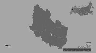 Rusya 'nın Penza bölgesi, başkenti sağlam bir zemin üzerinde izole edilmiş. Uzaklık ölçeği, bölge önizlemesi ve etiketleri. Çift seviyeli yükseklik haritası. 3B görüntüleme